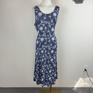 Vintage Dress Women 16 Blue White Midi Sleeveless Floral 90s Retro Boho USA Made
